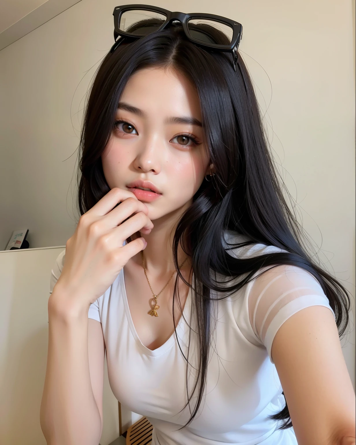 Araffe Mujer de pelo largo y negro con gafas de sol y camisa blanca, 18 years, Hermosa mujer surcoreana, beautiful asian girl, Hermosa joven coreana, an asian woman, a young asian woman, Hermosa modelo china, plantilla de instagram, asian girl with long hair, xisionwu, Chica china, beautiful asian woman, cara extremadamente hermosa, Chica coreana