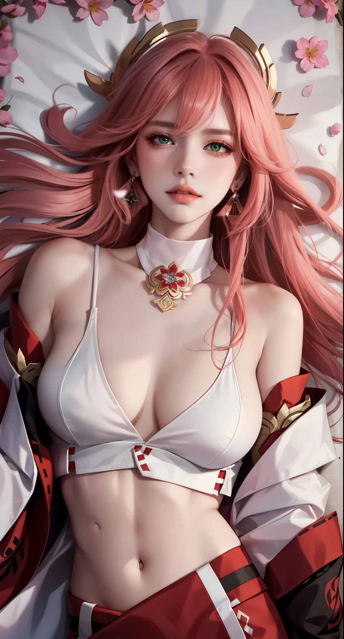 Lying down in a field of grass or flowers, (Masterpiece, Excellent, 1girl, solo, complex details, color difference), realism, ((medium breath)), off-the-shoulders, big breasts, sexy, Yae Miko, long pink hair, red headdress, red highlight, hair above one eye, green eyes, earrings, sharp eyes, perfectly symmetrical figure, choker, neon shirt, open jacket, turtleneck sweater, graffiti, dim lighting, alley, looking at the audience, ((mean, seductive, charming)), tulle, bare shoulders, blooming flower fields, radiant skin, faint smile, sexy, bust, no breast cover, naked, cocked ass, tummy look