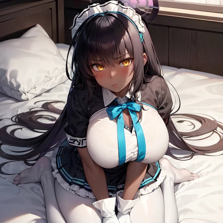 1girl, solo:1.2, karin kakudate, very dark skin, halo, very long hair, maid headdress, black dress, puffy short sleeves, blue ribbon, white apron:1.2, white gloves, barefoot, serious:1.2, parted lips:1.2, yellow eyes, full body, sitting, white pantyhose:1.3, looking at viewer, looking up, office, huge breasts, embarrassed:1.1, blush, sweatdrop, suprised:1.2, v-shaped eyebrows:1.3, from above, facing viewer, on bed