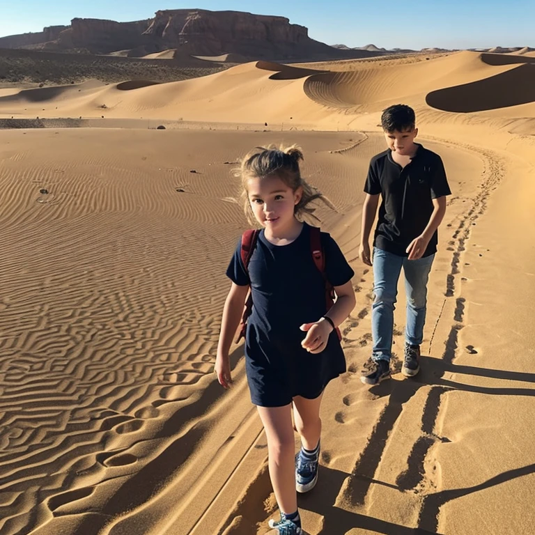 A photo of a 14-year-old girl walking in a single file in the desert, a 5-year-old boy in the middle, and a bulldog in the back.