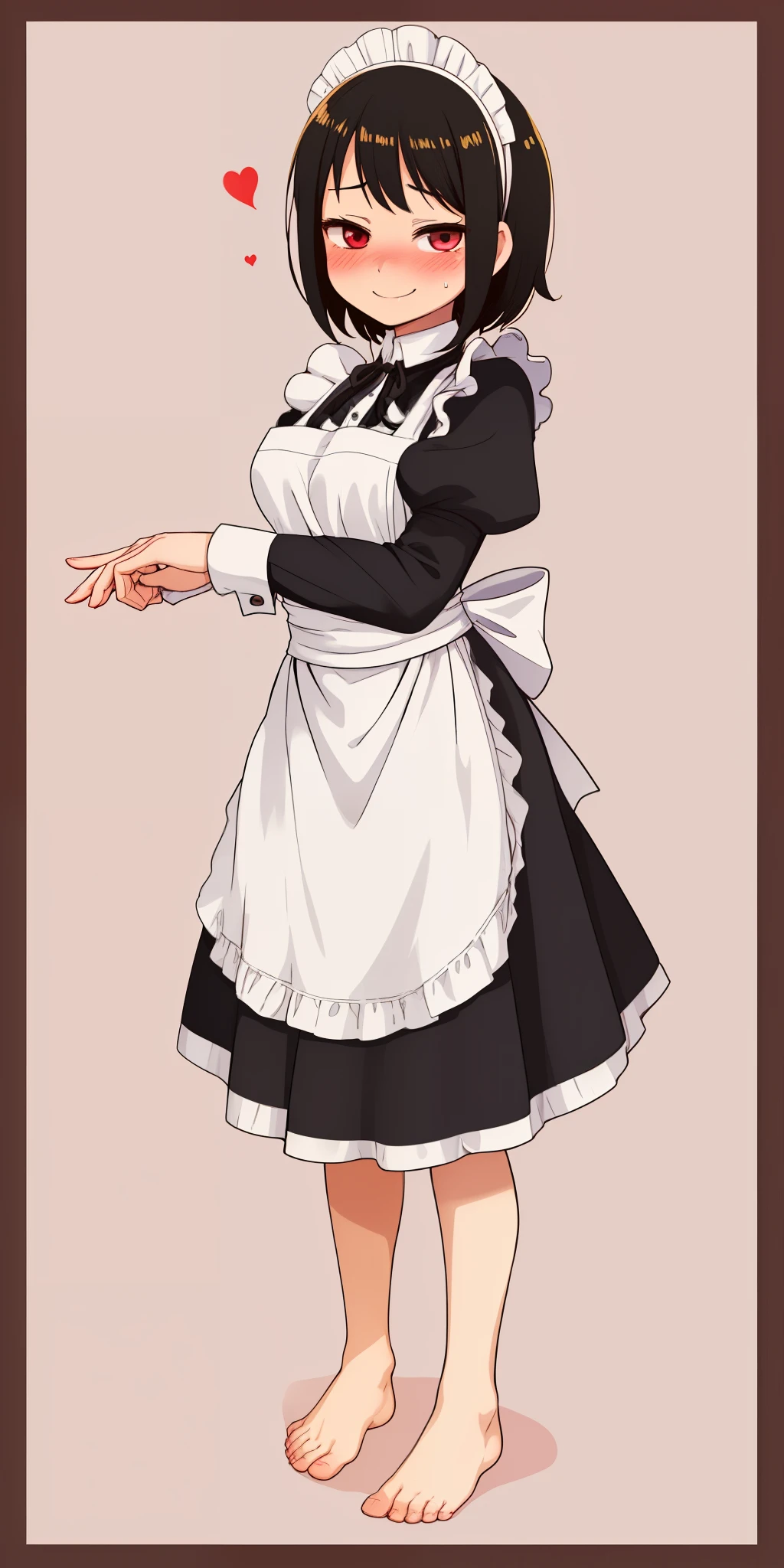 1girl, cute, ((Short black hair girl and long blonde hair girl)), maid victorian, maid apron, straight face, dazed, Body position: Standing, straight, symmetrical, barefoot, Lustful smile on face with red blush,