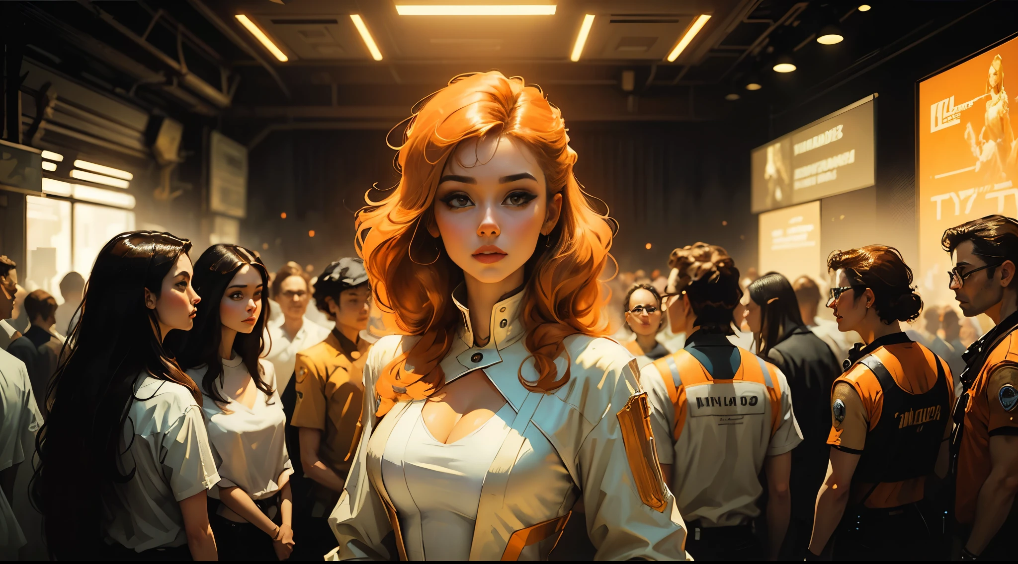 a close up of a woman in a white and gold trim outfit standing in front of a group of people, les edwards poster art, 1970’s science fiction art, pixiv front-page, inspired by Didier Mouron, barbarella, hyper maximalist, orange hue, the style of wlop, heavy metal album cover, female protagonist