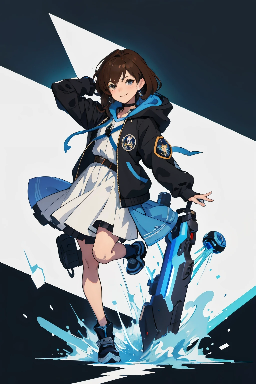 masterpiece, best quality,1 girl, brown hair, brown eyes, shy, sweater, piercings, earrings, tired, black jacket,blue hood , portrait, cool look, big fluffy bangs, blushing, cute smile, pale, seductive eyes,hoodie blue and black holding a letter, female protagonist 👀 :8, portrait knights of zodiac girl, youthful taliyah, marin kitagawa fanart, overwatch fanart, anime moe artstyle, taliyah, ashe, high quality fanart, sora, stylized anime, oc commission, commission for high res, by Kamagurka,hand holding letters,Tie your hair, full body,white background,full body,blue skirts