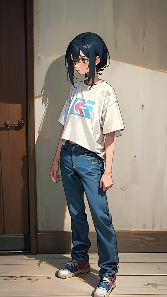 arafed woman standing on a wooden deck with a skateboard, baggy jeans, wearing pants and a t-shirt, baggy pants, large pants, wearing a baggy, wearing only pants, casual clothing style, thin-waist, casual clothes, thin waist, simple clothes, wearing cargo pants, modern casual clothing, with a thin waist, casual modern clothing