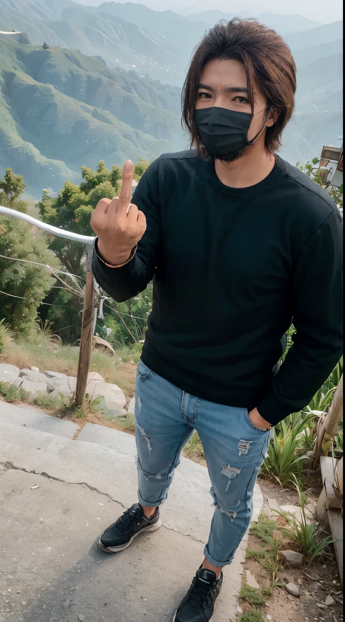 A man wearing a mask in the hills, showing middle finger, full body, cool outfit