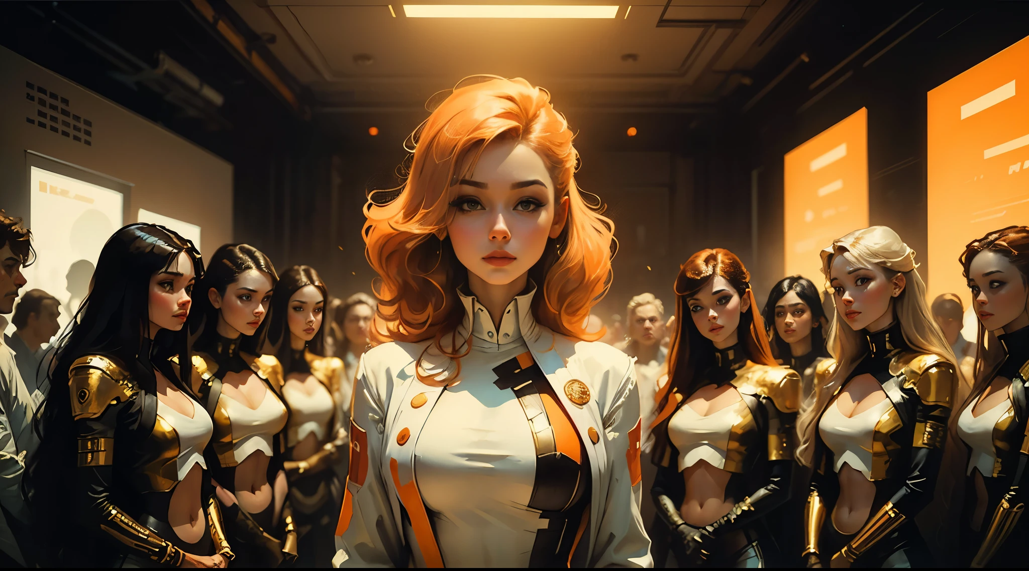 a close up of a woman in a white and gold trim outfit standing in front of a group of people, les edwards poster art, 1970’s science fiction art, pixiv front-page, inspired by Didier Mouron, barbarella, hyper maximalist, orange hue, the style of wlop, heavy metal album cover, female protagonist