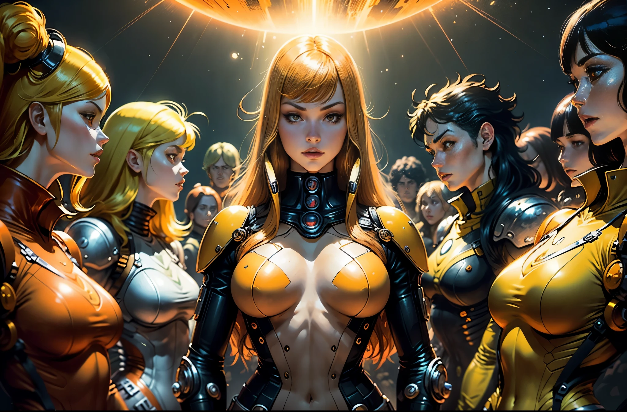 a close up of a woman in a yellow outfit standing in front of a group of people, les edwards poster art, 1970’s science fiction art, pixiv front-page, inspired by Didier Mouron, barbarella, hyper maximalist, orange hue, the style of wlop, heavy metal album cover, female protagonist