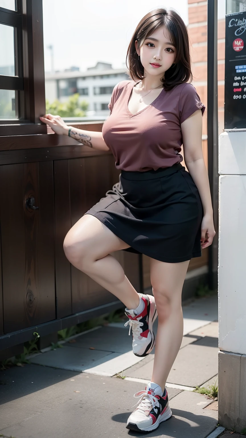 ((best quality)), ((masterpiece)), (detailed), perfect face, wanita chubby dewasa, wearing a thight clothes and thight skirt, chubby cheeks, chubby arm, chubby thighs, big breasts, wearing a sneakers, medium hair style, full body photoshoot, tattooed body 