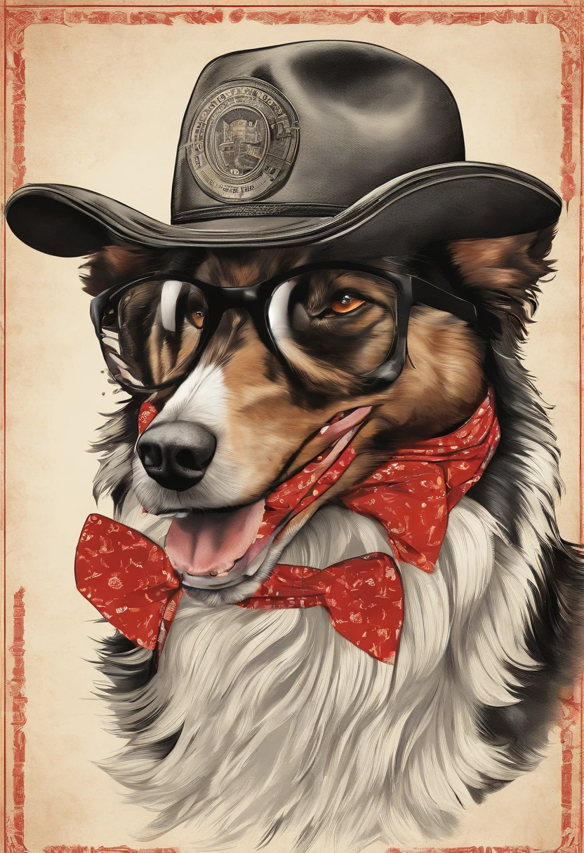 collie dog he wears a red bandana around his neck, Fashion glasses, famous brand cap , cartazes, planfetos, adesivos, propraganda, revista.