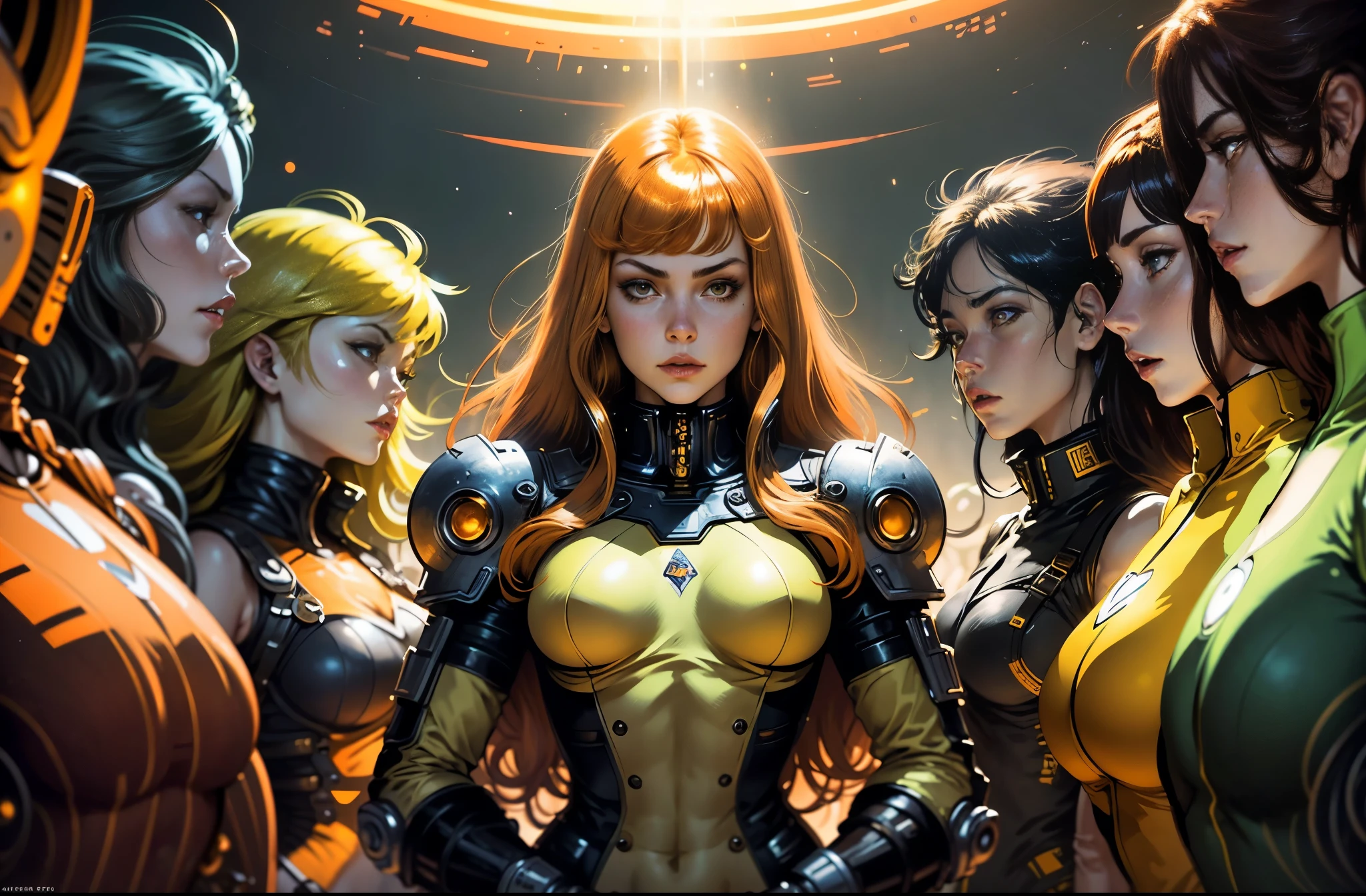 a close up of a woman in a yellow outfit standing in front of a group of people, les edwards poster art, 1970’s science fiction art, pixiv front-page, inspired by Didier Mouron, barbarella, hyper maximalist, orange hue, the style of wlop, heavy metal album cover, female protagonist