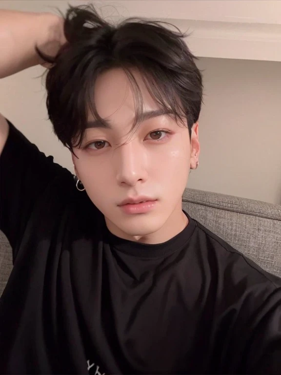 Jungkook with black hair standing with a dark gray background behind himself, ele tem alguns fios de cabelos grisalhos, BTS, Jung jungkook, Wan lovely Korean face, Hyung Jungkook, Handsome prince and androgynous, jovem, com roupas pretas, Todos do Grupo BTS, inspirado em Jungkook