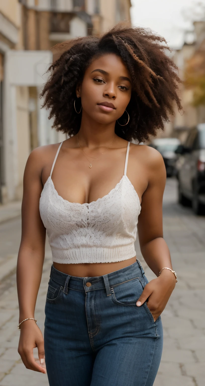arafed femme 24 ans aux cheveux afro marchant dans une rue, Porter un haut court sexy, Brassière, wearing haut court, Port d’une camisole, porter des vêtements serrés, physique : le plus petit ventre jamais vu, porter un haut court, belle ville femme noire seulement, haut court, porter un débardeur décolleté, parfaitement en équilibre, grande poitrine, extrêmement beau et attrayant, avec une silhouette de mannequin avec de grosses fesses