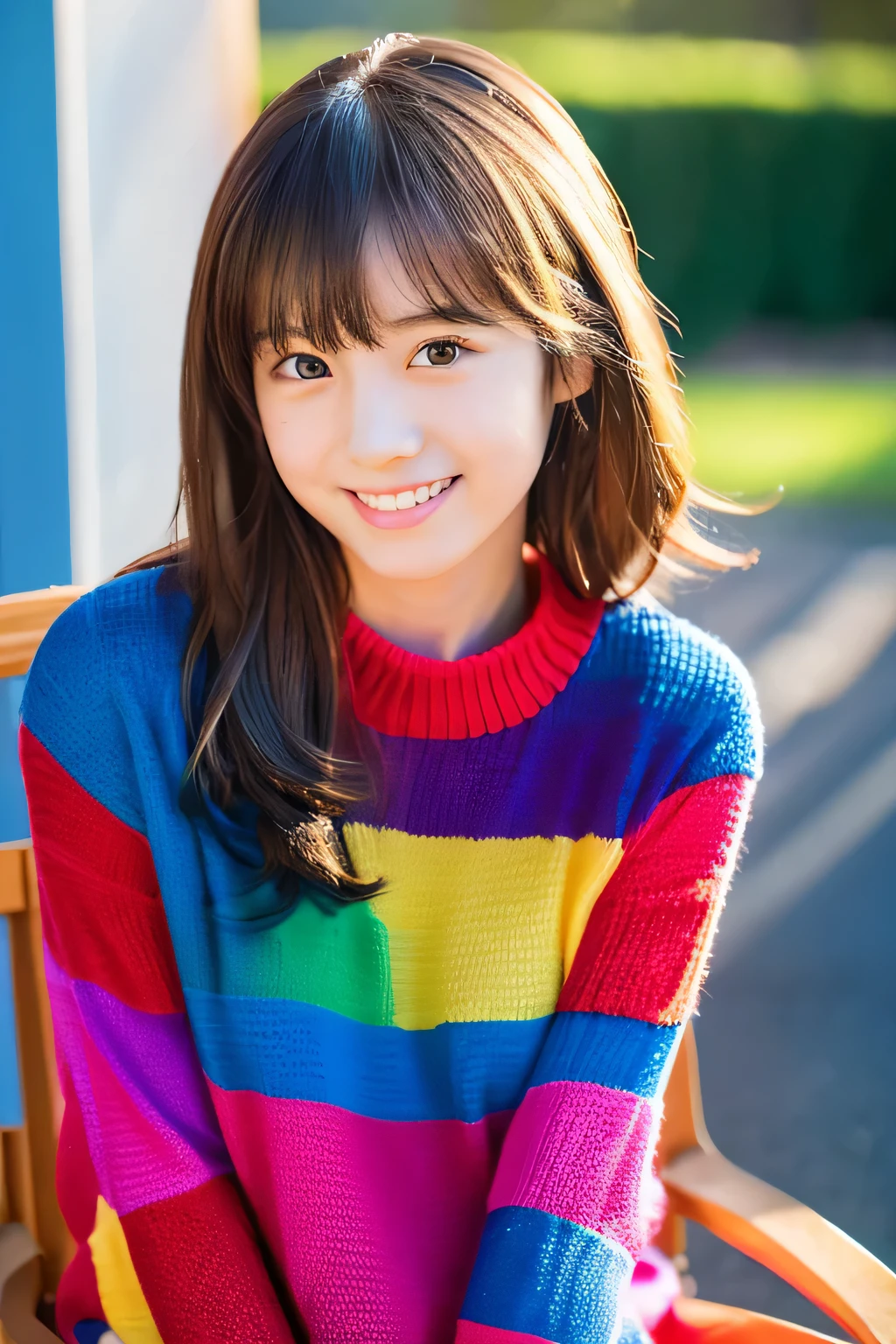 masterpiece, highest quality, surreal, very detailed, 8K resolution, 9:16 Aspect Ratio, RAW photo, sharp focus, (1 girl), Japanese, alone, young face, smile, bright eyes, perfect body,Full body portrait sitting on a chair, Hands are lowered, 16 years old, portrait, The background is your room, A colorful knit sweater with a flashy arrangement of the primary color red., green, yellow, and pink., sexy, messy hair, cinematic, cinematic light, Bright theme
