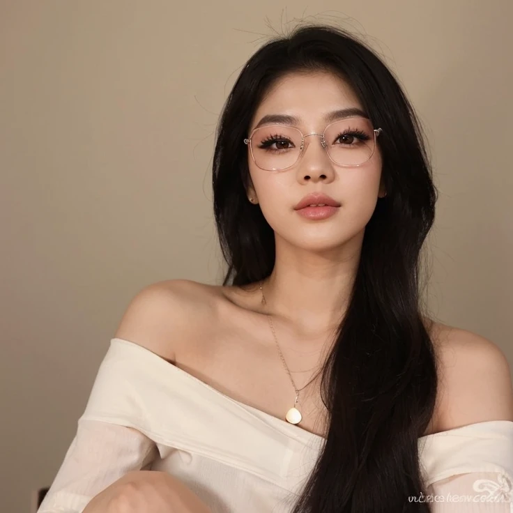 Coreana con labios mas finos, longer eyelashes, cabello oscuro largo.