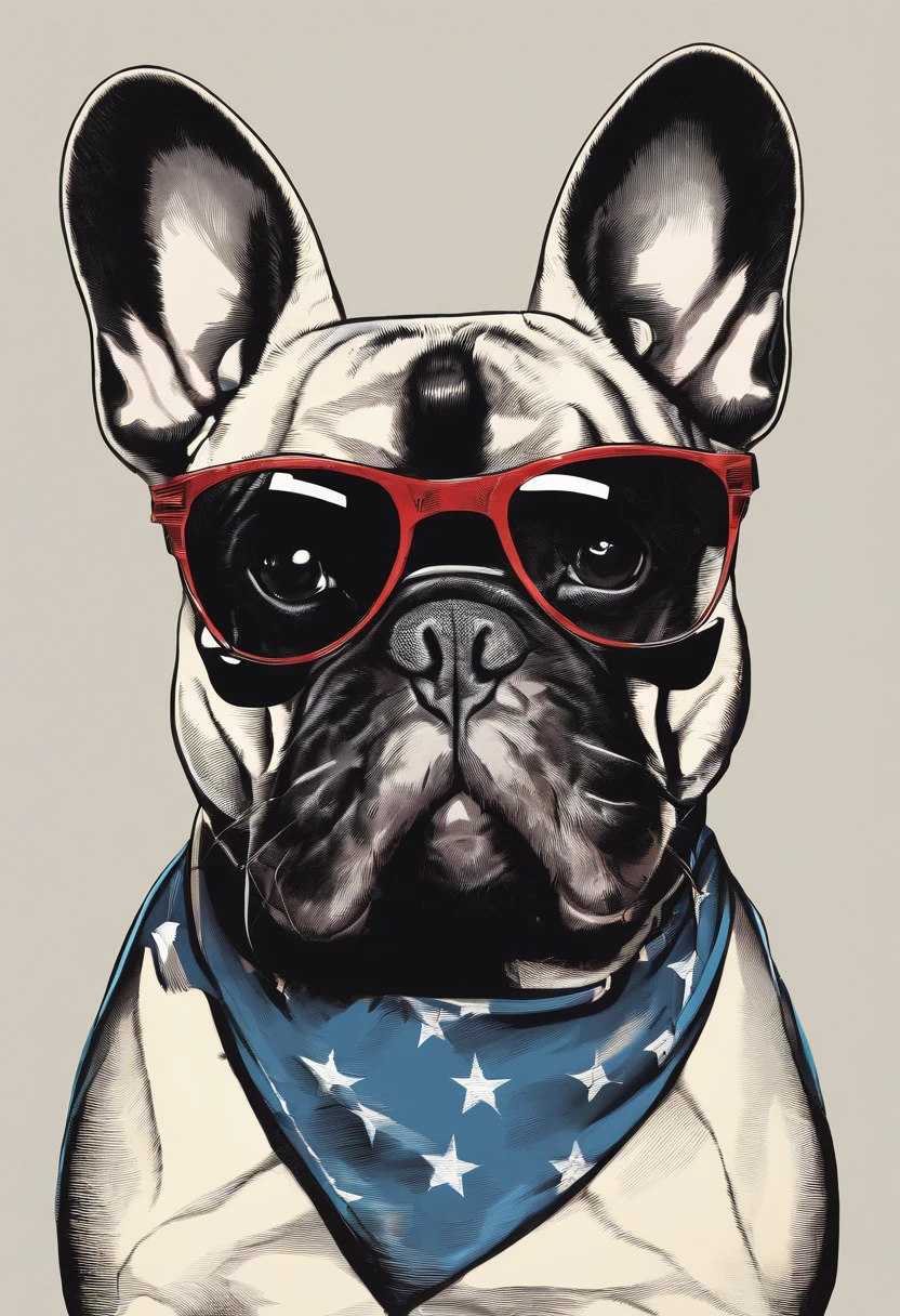 French bulldog dog, he wears a red bandana around his neck, Fashion glasses, famous brand cap, cartazes, planfetos, adesivos, propaganda, revista.