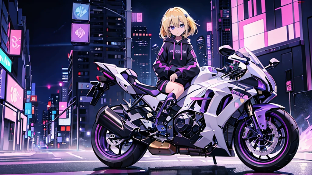 (1 girl, blonde hair, blue eyes, black hoodie, kawaii), (purple sport bike, street racer), (purple cyberpunk, night city, purple neon)