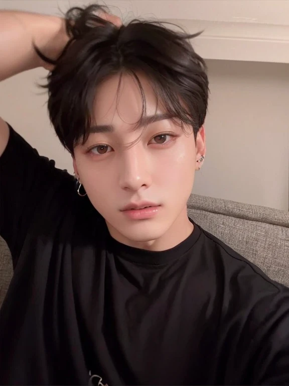 Jungkook with black hair standing with a dark gray background behind himself, ele tem alguns fios de cabelos grisalhos, BTS, Jung jungkook, Wan lovely Korean face, Hyung Jungkook, Handsome prince and androgynous, jovem, com roupas pretas, Todos do Grupo BTS, inspirado em Jungkook