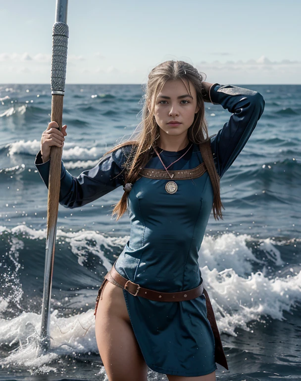 Chica vikinga, ((NSF)), Vista feroz ,Hacha de batalla en mano derecha, 17 year old Russian girl, cabello rubio arrugado y despeinado, en la orilla del agua ,Against the backdrop of the cold sea and the longship., Vestido con armadura vikinga,Apariencia de combate,pintura de guerra,
