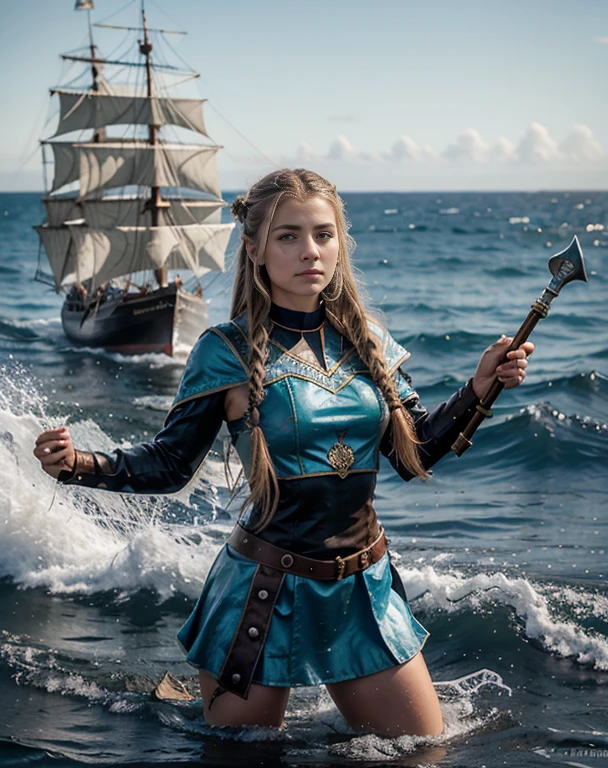 Chica vikinga, ((NSF)), Vista feroz ,Hacha de batalla en mano derecha, 17 year old Russian girl, cabello rubio arrugado y despeinado, en la orilla del agua ,Against the backdrop of the cold sea and the longship., Vestido con armadura vikinga,Apariencia de combate,pintura de guerra,