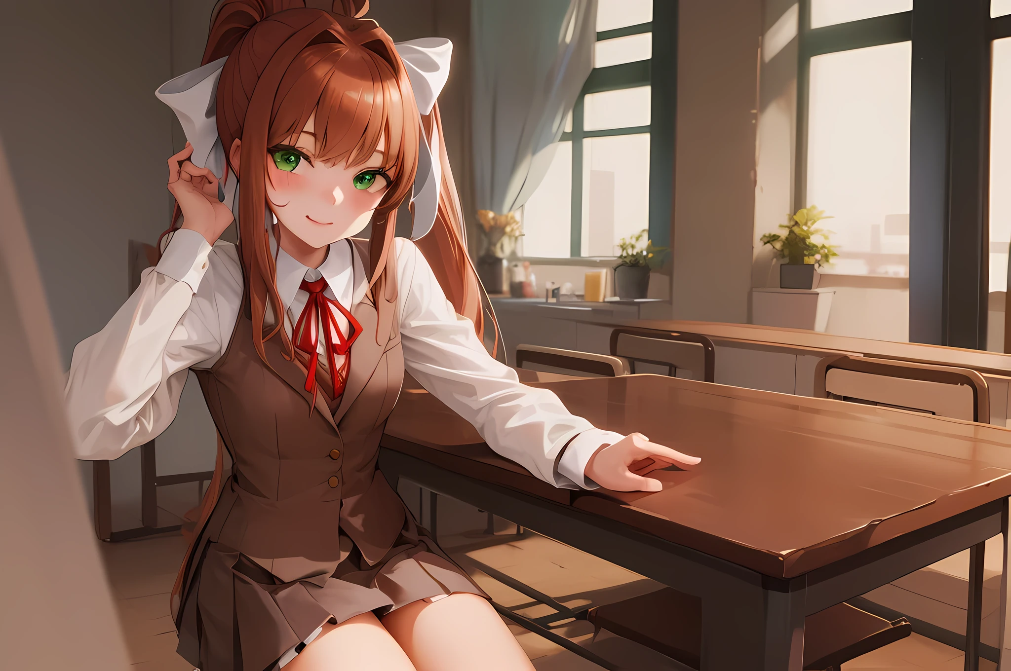 1girl, solo absurdreest, (best quality), (masterpiece), (ultra-detailed:1.2), (highres), looking at viewer, cute, kawai, detailed face, masterpiece, detailed, best quality, nsfw, monika, green eyes, brown hair, very long hair, ponytail, hair ribbon, white ribbon, school uniform, crazy smile, knife, blood on face, holding knife, classroom background, wide eyes