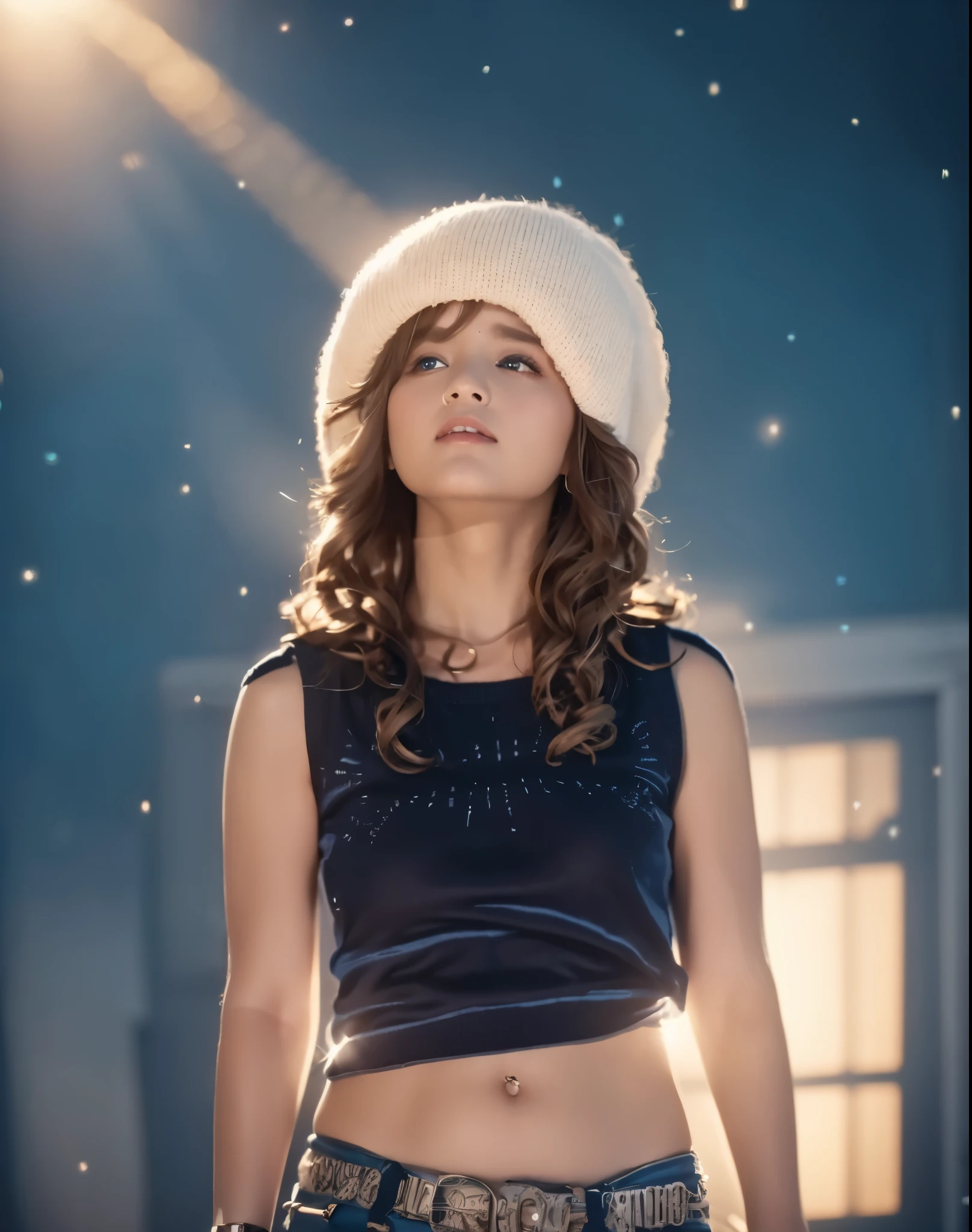 (table top), sexy、Natural light, realistic, camel toe, diffused shine, Depth of written boundary, professional lighting、Big eyes、eyes are blue、blonde、Russian、white sweater blue sky、Starry sky background、black pants、White knitted hat、looking up、A lonely look、