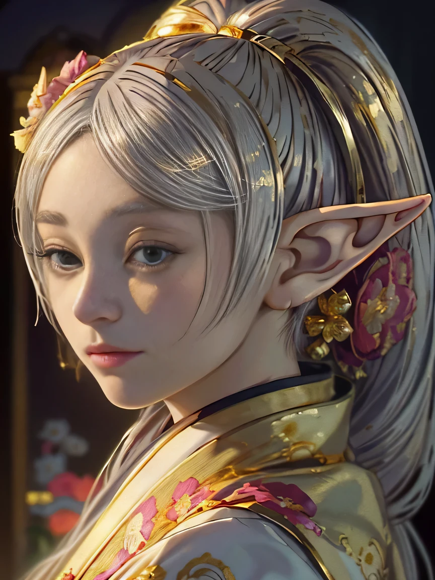 Rococo,Background of details(cheese:1.1(Stained glass:1.1)),break,elaborate costumes(luxury kimono(colorful kimono(fine embroidery(Gold floral pattern)))),break,1 female(Beautiful and elegant woman(fantasy elf:1.2)(Lustrous silver hair(twin tails:1.2))), Blake Wallpaper 16K,blur the background, (highest quality:1.5),(portrait photography:1.5),Full body Esbian
