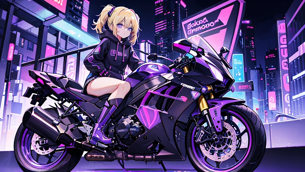 (1 girl, blonde hair, blue eyes, black hoodie, kawaii), (purple sport bike), (purple cyberpunk, night city, purple neon)