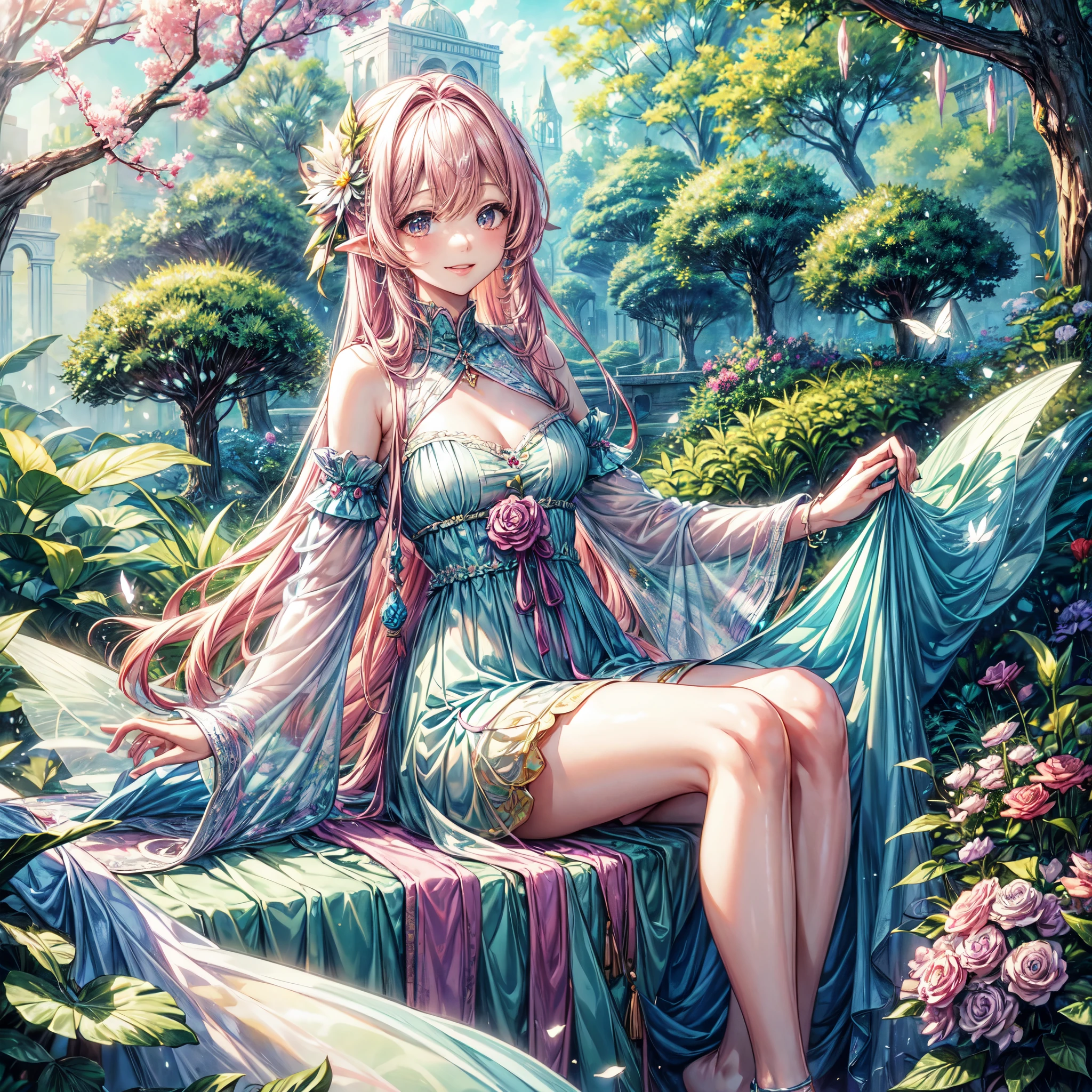 (best quality, 8k, masterpiece:1.2, nsfw ), Cutest,Cute girl, mesugaki, Beautiful face, Beautiful eyes, Beautiful hair, Light pink hair, Lots of colorful flowers, sunshine, peaceful garden, summer dress, smiling, golden hour lighting, vibrant colors, happy expression,
soft breeze, gentle makeup, freckles, blonde hair, flowing dress, pastel colorairytale atmosphere, fluttering butterflies, dreamy atmosphere), vivid greenery, smile, posing like an angel,