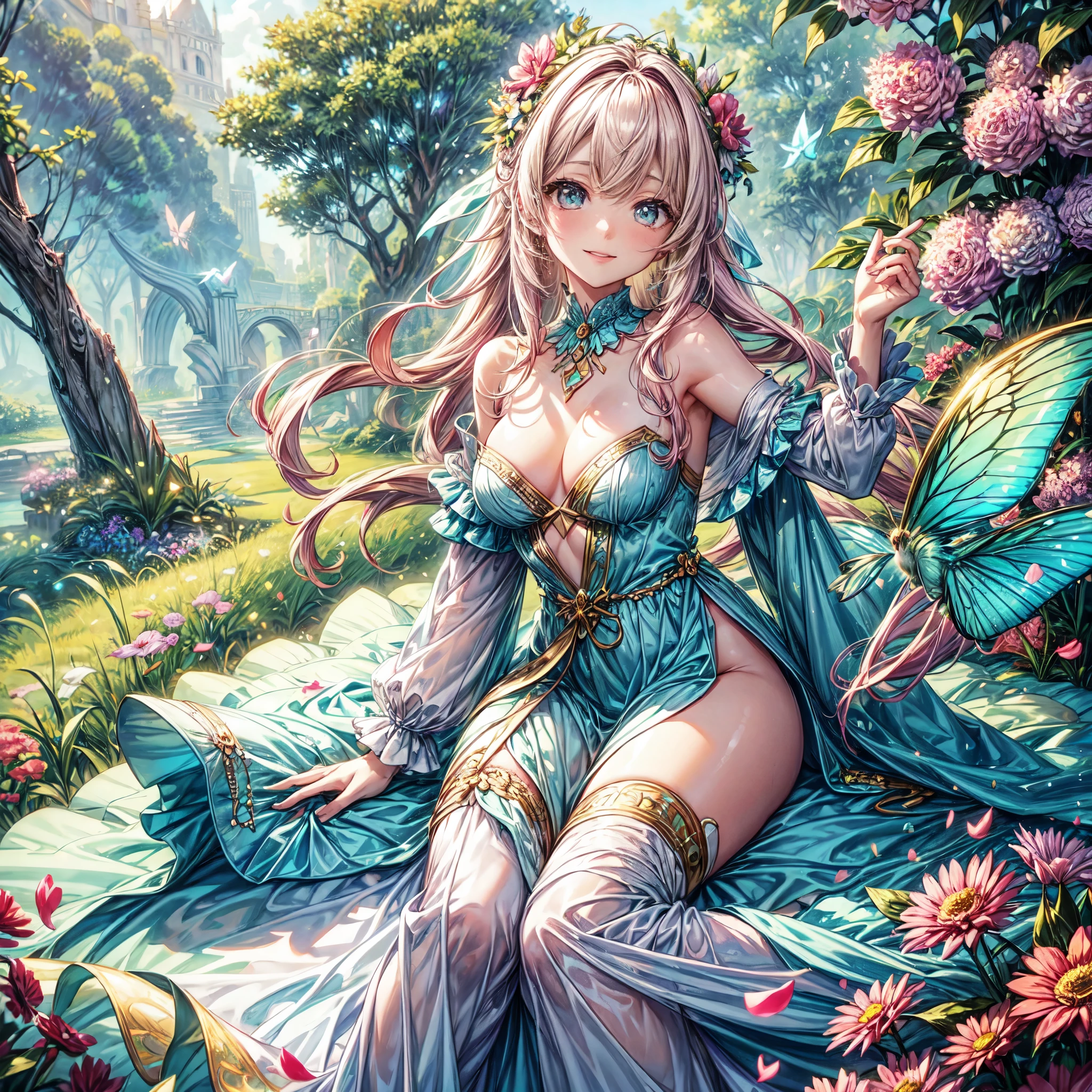 (best quality, 8k, masterpiece:1.2, nsfw ), Cutest,Cute girl, mesugaki, Beautiful face, Beautiful eyes, Beautiful hair, Light pink hair, Lots of colorful flowers, sunshine, peaceful garden, summer dress, smiling, golden hour lighting, vibrant colors, happy expression,
soft breeze, gentle makeup, freckles, blonde hair, flowing dress, pastel colorairytale atmosphere, fluttering butterflies, dreamy atmosphere), vivid greenery, smile, posing like an angel,