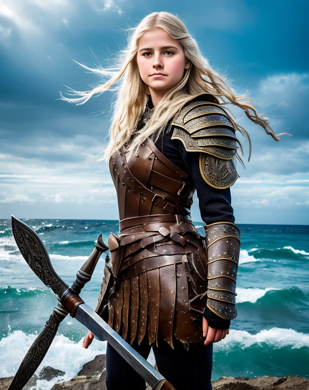 Chica vikinga, ((NSF)), Vista feroz ,Hacha de batalla en mano derecha, 17 year old Russian girl, cabello rubio arrugado y despeinado, en la orilla del agua ,Against the backdrop of the cold sea and the longship., Vestido con armadura vikinga,Apariencia de combate,pintura de guerra,