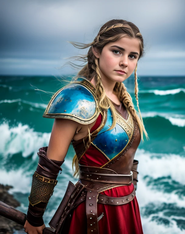 Chica vikinga, ((NSF)), Vista feroz ,Hacha de batalla en mano derecha, 17 year old Russian girl, cabello rubio arrugado y despeinado, en la orilla del agua ,Against the backdrop of the cold sea and the longship., Vestido con armadura vikinga,Apariencia de combate,pintura de guerra,