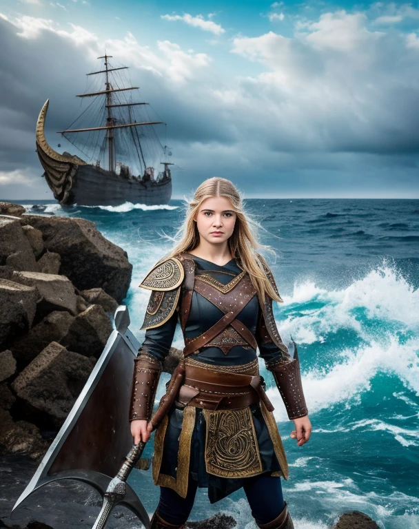 Chica vikinga, ((NSF)), Vista feroz ,Hacha de batalla en mano derecha,  Russian girl, cabello rubio arrugado y despeinado, en la orilla del agua ,Against the backdrop of the cold sea and the longship., Vestido con armadura vikinga,Apariencia de combate,pintura de guerra,