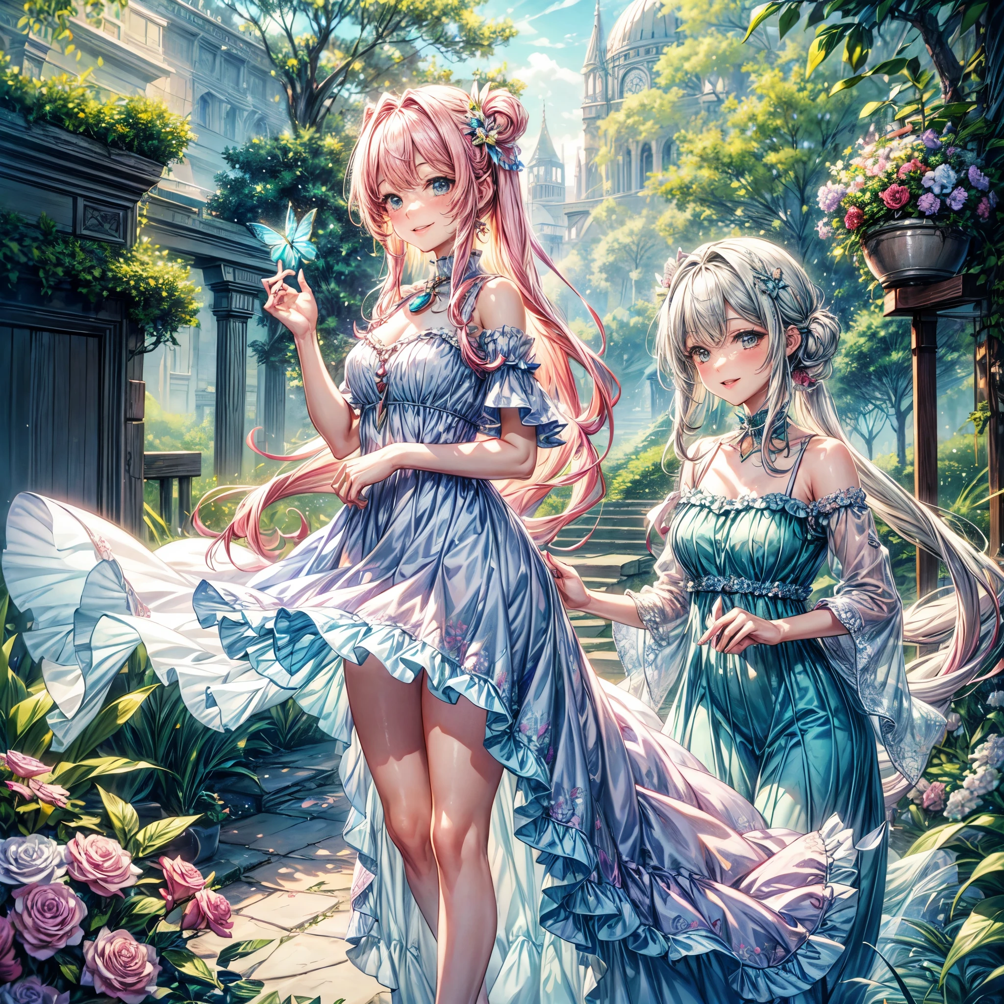 (best quality, 8k, masterpiece:1.2, nsfw ), Cutest,Cute girl, mesugaki, Beautiful face, Beautiful eyes, Beautiful hair, Light pink hair, Lots of colorful flowers, sunshine, peaceful garden, summer dress, smiling, golden hour lighting, vibrant colors, happy expression,
soft breeze, gentle makeup, freckles, blonde hair, flowing dress, pastel colorairytale atmosphere, fluttering butterflies, dreamy atmosphere), vivid greenery, smile, posing like an angel,