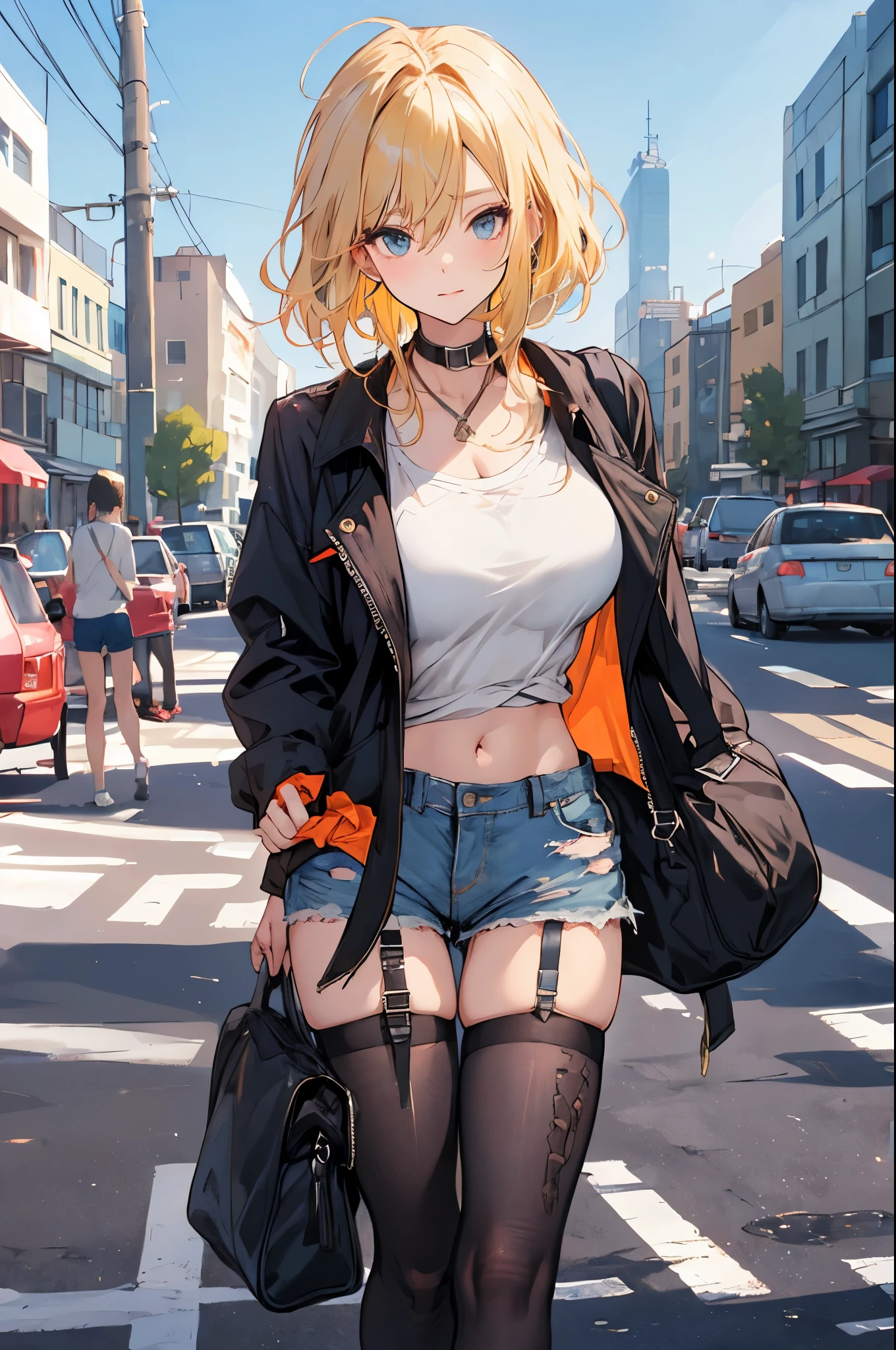 (masterpiece:1.2), best quality,PIXIV,
cool girl,glorious ,blonde hair,
street,short shorts, big breast,