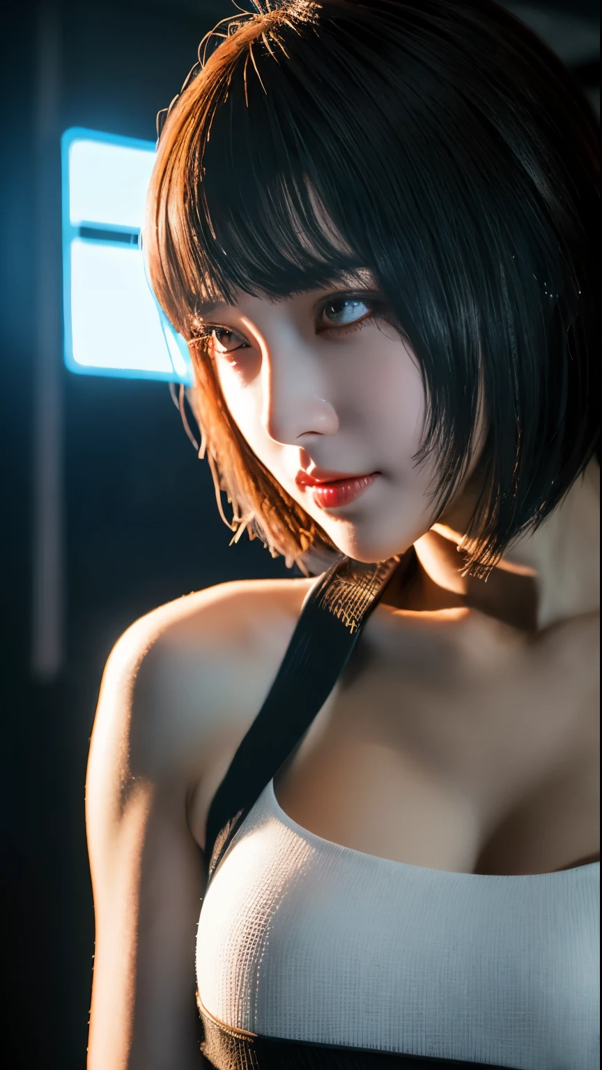 ((highest quality)), ((masterpiece)), (very detailed:1.3), 3D, beautiful (cyber punk:1.3) Female hacker with short brown hair poses for photo, computer servers, LCD Screen, fiber optic cable, corporate logo, HDR (high dynamic range), ray tracing, NVIDIA RTX, super resolution, unreal 5, Scattered beneath the surface, PBR texturing, Post-processing, anisotropic filtering, Depth of bounds written, maximum clarity and sharpness, multilayer texture, Albedo and specular maps, surface shading, Accurate simulation of light-matter interactions, perfect proportions, octane rendering, two-tone lighting, Low ISO, White balance, Rule of thirds, wide caliber, 8K students, efficient subpixel, subpixel convolution, luminescent particles