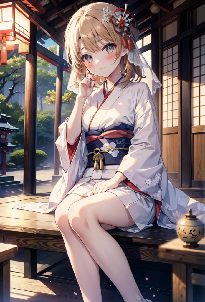 table top, high quality, 最high quality, High resolution, 4K, High resolution, beautiful lighting,highly detailed face, well drawn hand, beautifully drawn legs,well drawn feet,well drawn eyes,1 girl, Iroha, brown hair, Wedding in a classic kimono of the Japan,Pure white kimono called pure white,Wedding at a shrine in a classic kimono of Japan,blush,smile