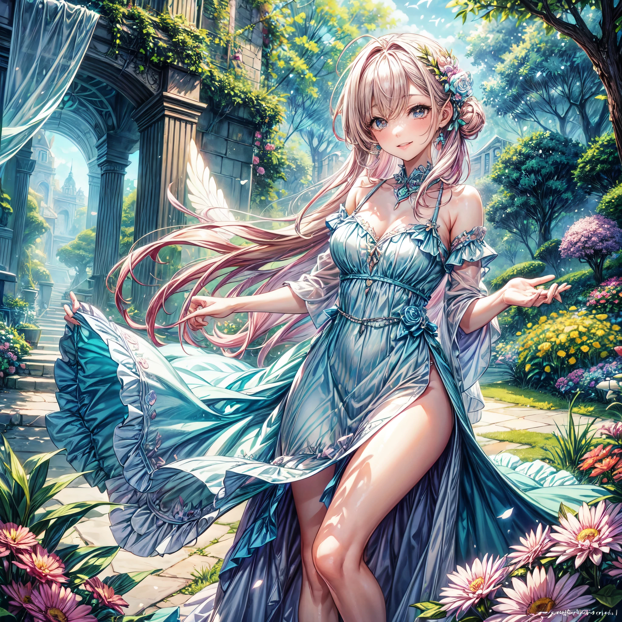 (best quality, 8k, masterpiece:1.2, nsfw ), Cutest,Cute girl, mesugaki, Beautiful face, Beautiful eyes, Beautiful hair, Light pink hair, Lots of colorful flowers, sunshine, peaceful garden, summer dress, smiling, golden hour lighting, vibrant colors, happy expression,
soft breeze, gentle makeup, freckles, blonde hair, flowing dress, pastel colorairytale atmosphere, fluttering butterflies, dreamy atmosphere), vivid greenery, smile, posing like an angel,