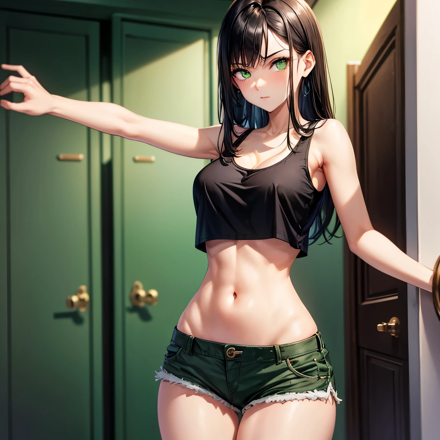Black hair, green eyes, busty, slender, dark green tank top, tight mini shorts, exposed midriff, opening door
