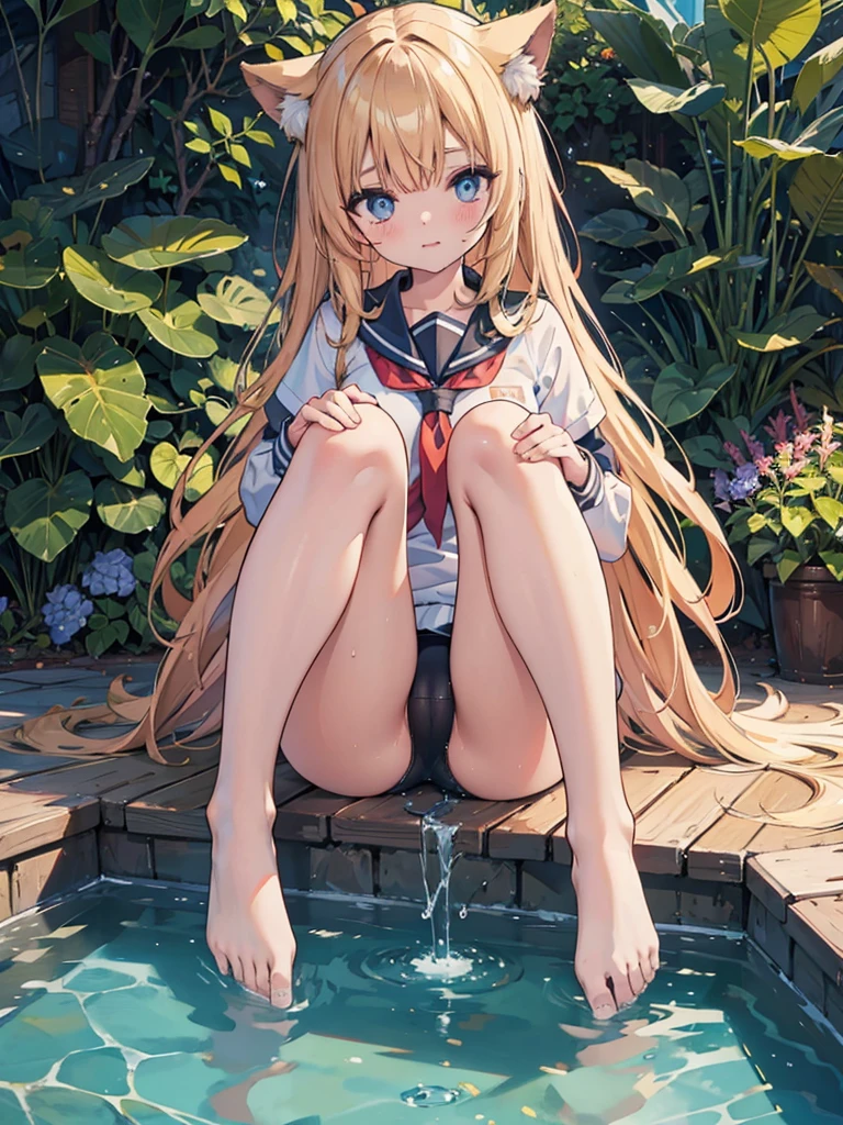masterpiece, best quality, illustration, ultra-detailed, finely detail, highres, 8k wallpaper, perfect dynamic composition, beautiful detailed eyes, (pussy focus:1.3), 1girl, drooling, (blank eyes), (sitting and spread legs:1.3), (knees up:1.5), (school swimsuit), show pussy, love juice, (panties aside), splash, pool