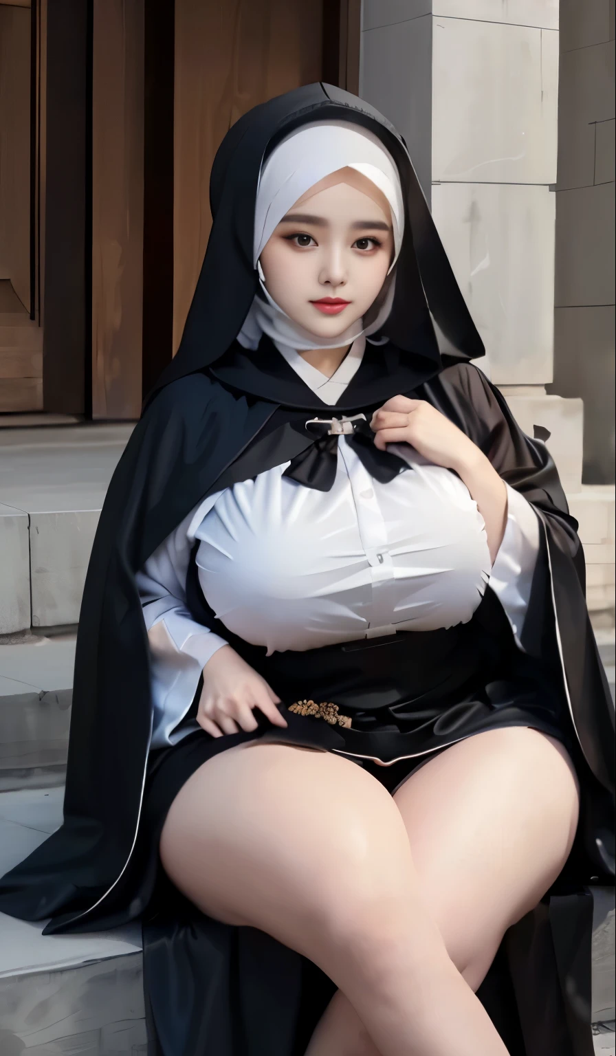 woman in black dress sitting on steps with white shoes, woman in black robes, wearing a black robe, wearing black robe, wearing dark robe, wearing a hijab, wearing black clothes and cape, wearing black robes, large thighs, muslim fashion model, she is wearing a black dress, plus size woman, wearing dark robes, wearing black clothes, wearing a black cloak