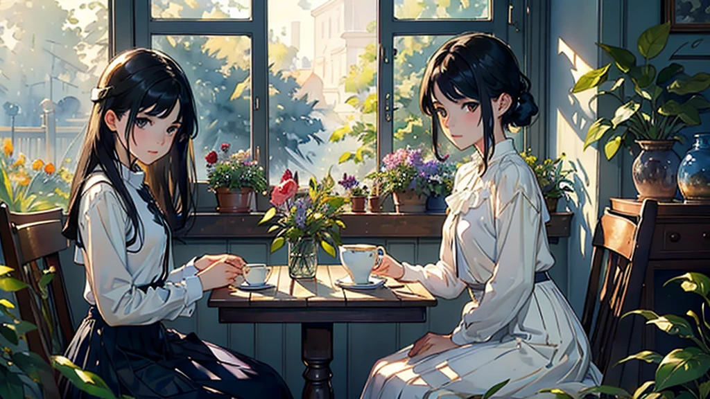 ((Watercolor by singer Sargent))、(highest quality、masterpiece)、1 girl、16 years old、wonderful、short black hair、black eye、small breasts、uniform、long skirt、botanical garden、flower shop、table、Floral、tea set、window、aquarium、Foliage plant、 wood,soft light、