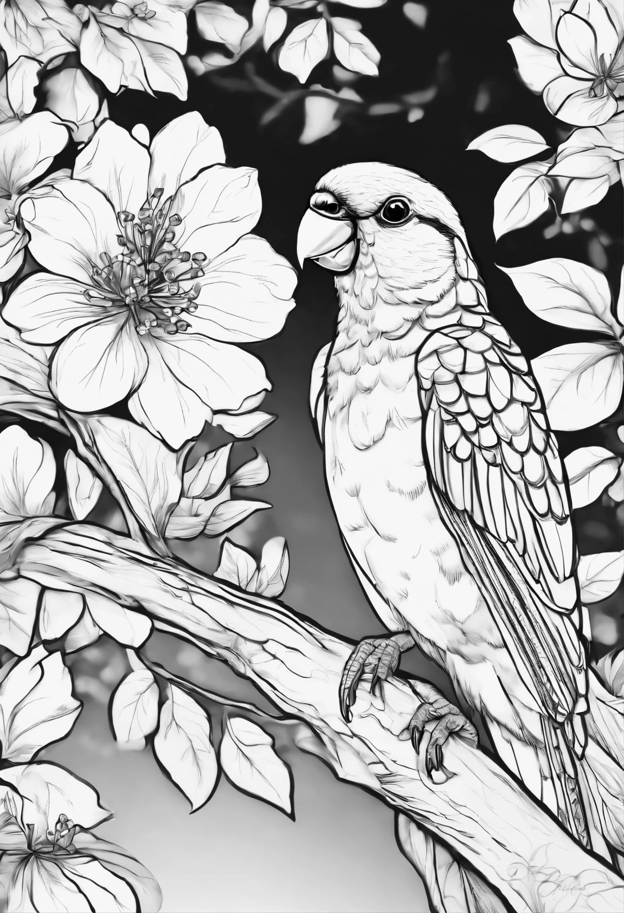 Generate black and white coloring pages of cute cartoon-style Eastern Rosella no color with low detail, no shading, no shadows, no background, and no borders.