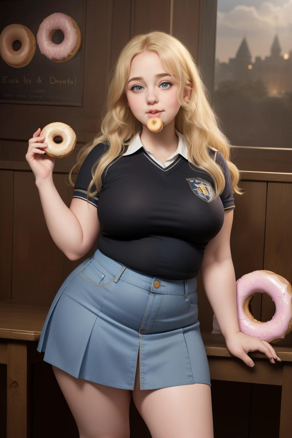 masterpiece, (photorealistic), (8k wallpaper) , (best quality), perfect quality, solo, (detailed eyes), girl, Luna, blonde hair, very beautiful, young, 18 years old, pose: (sexy pose, shoving donut into mouth, donut in arm, standing), face : (Luna, small smile, young, very beautiful face, eating donut, opened mouth, plump face, round face, adult, double chin, plump cheeks, small smile, very beautiful, cute face, young, big eyes) , figure: ( very full body, very full figure, very thicc, very thick, big deep navel, very soft, very curvy, love handles, chubby belly, sexy curves, wide hips, sexy, muffin top, very thick thighs, thunder thighs) , clothes : (tight school uniform, tight miniskirt)