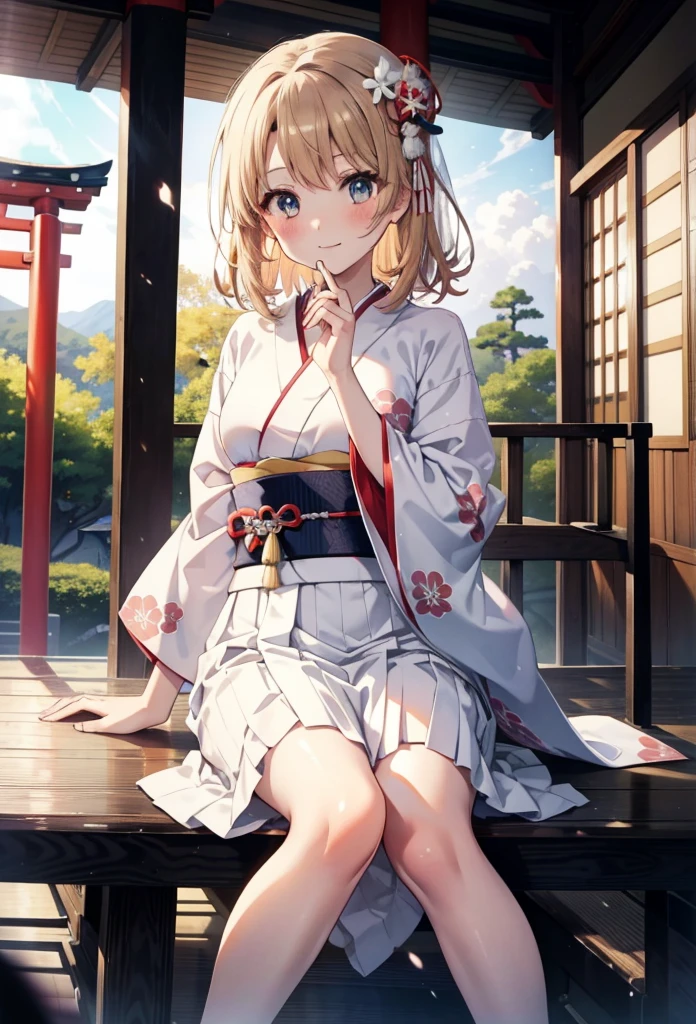 table top, high quality, 最high quality, High resolution, 4K, High resolution, beautiful lighting,highly detailed face, well drawn hand, beautifully drawn legs,well drawn feet,well drawn eyes,1 girl, Iroha, brown hair, Wedding in a classic kimono of the Japan,Pure white kimono called pure white,Wedding at a shrine in a classic kimono of Japan,long skirt,blush,smile