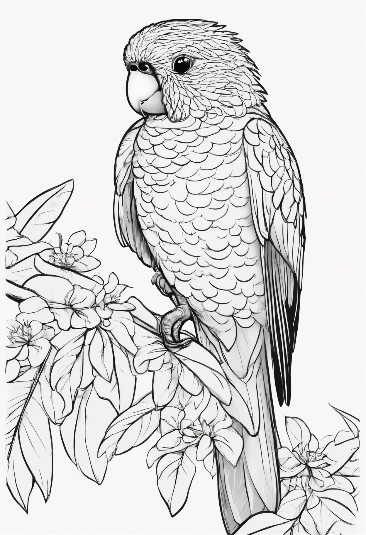 Generate black and white coloring pages of cute cartoon-style Rainbow Lorikeet no color with low detail, no shading, no shadows, no background, and no borders.
