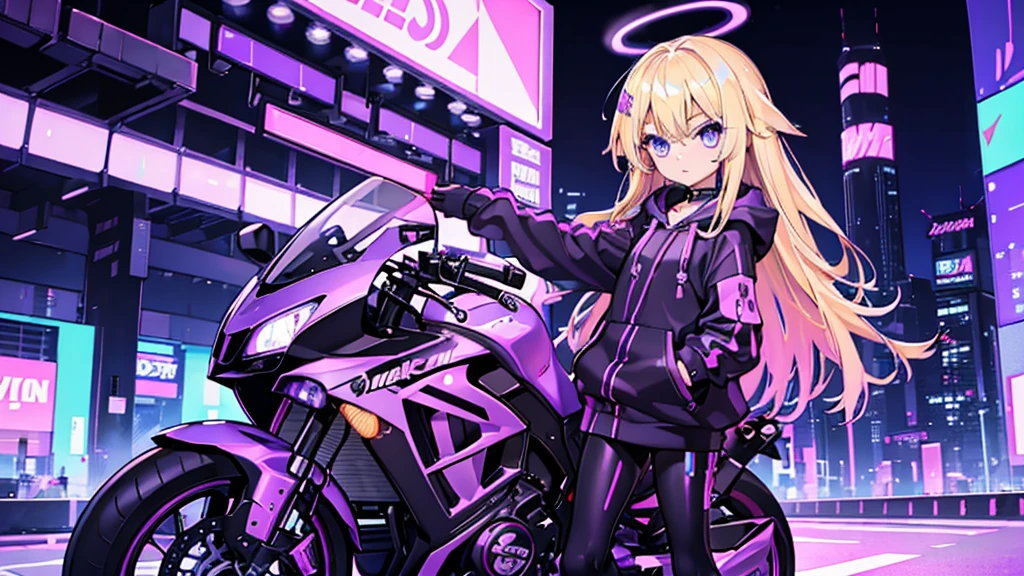 (1 girl, blonde hair, blue eyes, black hoodie, kawaii), (purple sport bike), (purple cyberpunk, night city, purple neon)