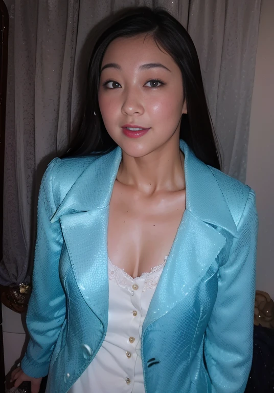 there is a woman in a blue jacket and white top, in a blue qipao, Wearing Blue Cheongsam, wearing blue jacket, wearing a blue jacket, Jen Gee, 派手なwearing a jacket, (((long straight brown hair))),rich bust、Clothes with front opening、asian women, wearing blue robe, Chinese female, 3 / 4 View Portrait, wearing a jacket, wearing a light blue suit, blue jacket、((white, beautiful skin))、red lips、glossy lips、(((silky hair))) 、20-year-old、With bangs、