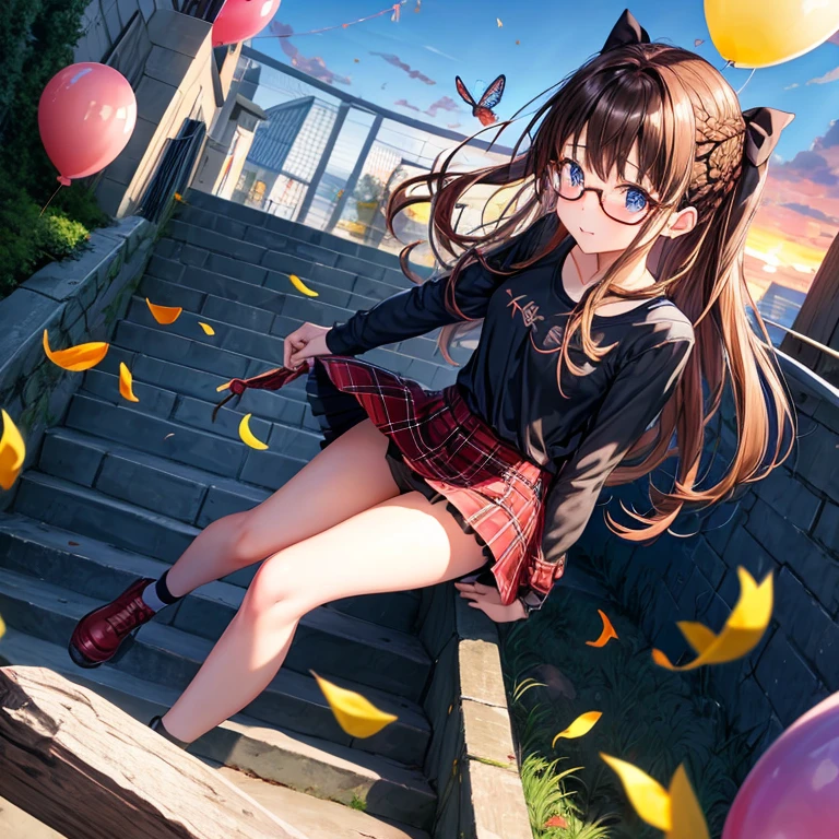 black brown hair、Red-blonde、blue eyes、Braid、one good looking girl、solo、anime、Plaid miniskirt、camisole、black t-shirt、Tilting your face、Doing the ribbon、Ribbon at waist、sunset sky、stone stairs、petal、tunnel、Fallen leaves、wearing glasses、、Riding a bicycle、Burning、Have an insect net、Light and shadow、maze、balloon
