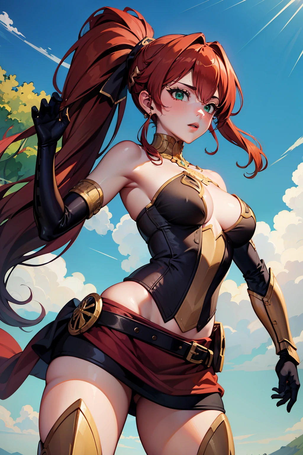 (masterpiece, best quality, ultra-detailed), PyrrhaNikos, green eyes, red hair, ponytail, long hair, gold jewels, armor, brown corset, skirt, headband, collar, gloves, (black arm band:1.2), glove, belt with red clothe, boots, leg sheaths, standing, looking at viewer, outdoors, dynamic pose