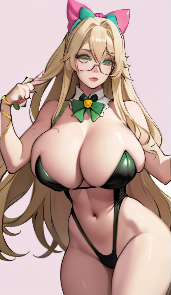 Blonde hair, green eyes, glasses, pink bow, bimbo、big juicy lips, cell shading, cosmic eyes, master piece, bright eyes, glasses, hour glass, big boobs, bikini